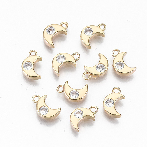 Brass Micro Pave Cubic Zirconia Charms, Light Gold, Long-Lasting Plated, Cadmium Free & Lead Free, Moon