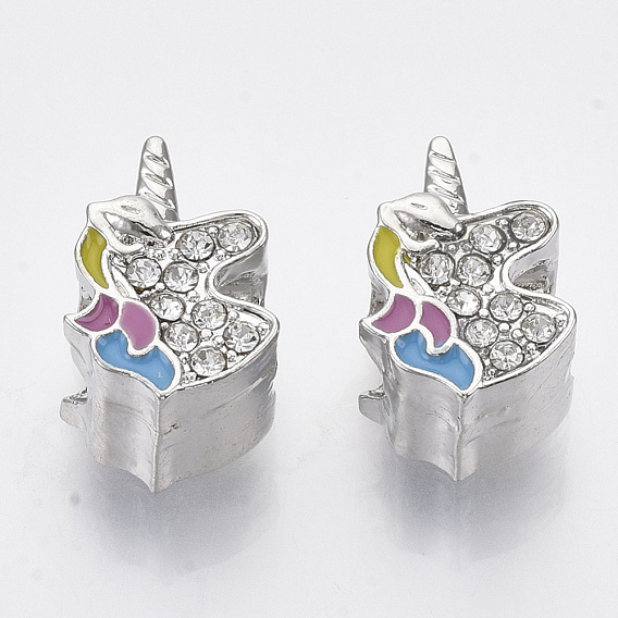 Alloy Enamel European Beads, with Crystal Rhinestone, Unicorn, Platinum