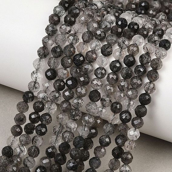 Натуральные турмализированные кварцевые бусинки, граненые, круглые