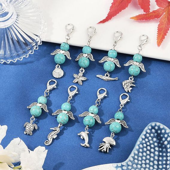 Ангел синтетические бирюзовые бусины и сплав морских животных подвесные украшения, с цинковым сплавом застежками омаров коготь