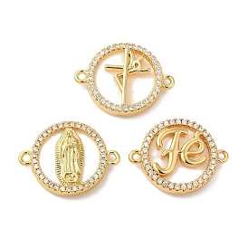 Rack Plating Brass Micro Pave Clear Cubic Zirconia Connector Charms, with Shell, Flat Round Links, Real 18K Gold Plated, Cadmium Free & Lead Free, Long-Lasting Plated