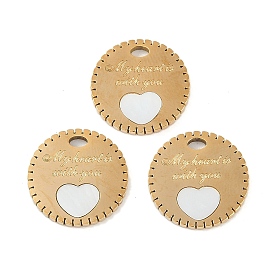 Ion Plating(IP) 304 Stainless Steel Charms, with Pave Shell, Flat Round with Heart & Word My Heart is with You Charm