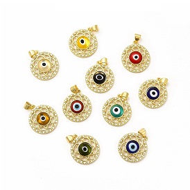 Rack Plating Brass Micro Pave Clear Cubic Zirconia Pendants, with Handmade Evil Eye Lampwork, Cadmium Free & Lead Free, Long-Lasting Real 18K Gold Plated, Flat Round with Flower Charm