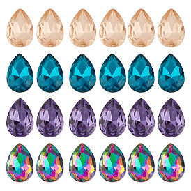24pcs 4 Colors Faceted Teardrop K9 Glass Rhinestone Cabochons, Pointed Back & Back Plated, Grade A