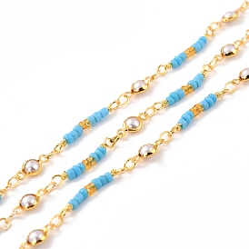 Handmade Brass Beaded Chains, with Glass Flat Round Link & Seed Beads, Long-Lasting Plated, Soldered, with Spool, Golden