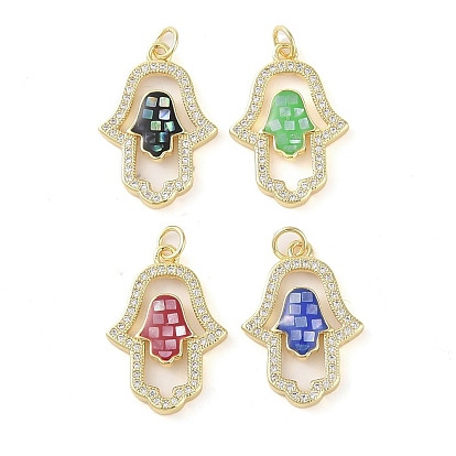 Brass Micro Pave Clear Cubic Zirconia Pendants, Cadmium Free & Lead Free, with Enamel and Shell & Jump Ring, Real 18K Gold Plated, Hamsa Hand Charm