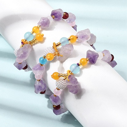 Bracelets extensibles pour femmes, ornés de perles et de pépites d'améthyste brutes naturelles., avec des billes en plastique