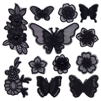 12 шт. 12 стили черная органза вышивка нитками приклеивание/пришивание заплаток, аппликации из ткани, бабочка, цветок