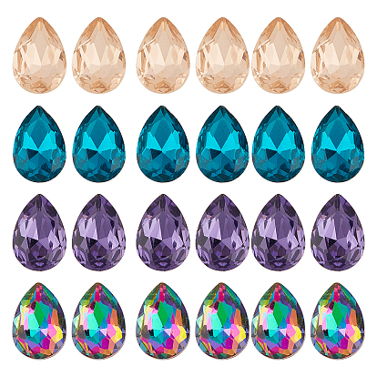 24pcs 4 Colors Faceted Teardrop K9 Glass Rhinestone Cabochons, Pointed Back & Back Plated, Grade A