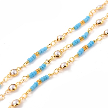 Handmade Brass Beaded Chains, with Glass Flat Round Link & Seed Beads, Long-Lasting Plated, Soldered, with Spool, Golden