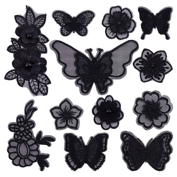 12 шт. 12 стили черная органза вышивка нитками приклеивание/пришивание заплаток, аппликации из ткани, бабочка, цветок