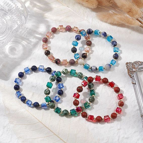 Женские эластичные браслеты с круглыми бусинами и натуральными смешанными драгоценными камнями, со стеклянными бусинами и немагнитными бусинами из синтетического гематита