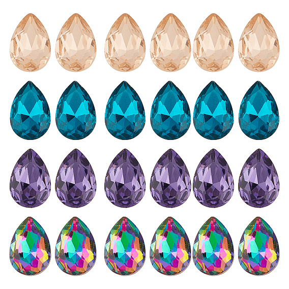 24pcs 4 Colors Faceted Teardrop K9 Glass Rhinestone Cabochons, Pointed Back & Back Plated, Grade A