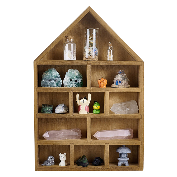 House-Shaped Wooden Wall Shelf, Multi-Compartment Display Rack