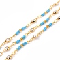 Handmade Brass Beaded Chains, with Glass Flat Round Link & Seed Beads, Long-Lasting Plated, Soldered, with Spool, Golden
