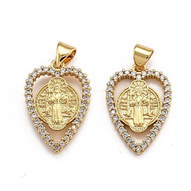 Brass Micro Pave Clear Cubic Zirconia Pendants, Long-Lasting Plated, Heart