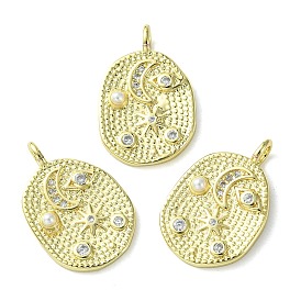 Rack Plating Brass Micro Pave Cubic Zirconia Pendants, with Plastic Pearl, Long-Lasting Plated, Lead Free & Cadmium Free, Oval Charm