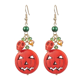 Pumpkin Synthetic Turquoise Dangle Earrings, Glass Beaded Earrings for Women