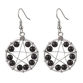 Natural Obsidian Flat Round with Star Pattern Dangle Earrings, Brass Earrings for Women