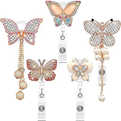 Rhinestone Butterfly Retractable Badge Reel, Gold Plated Alloy ID Card Badge Holder with Iron Alligator Clips, for Nurses Students Teachers