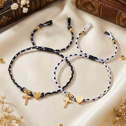 Ensembles de bracelets ajustables en acier inoxydable avec pendentif croix et cœur, ornés d'un cordon tressé et d'un charm d'amitié., noir et blanc
