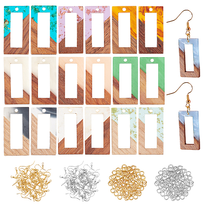 DIY 10Pairs Rectangle Earring Making Kits, Including 10 Colors Resin & Walnut Wood Pendants, Brass Earring Hooks & Jump Rings