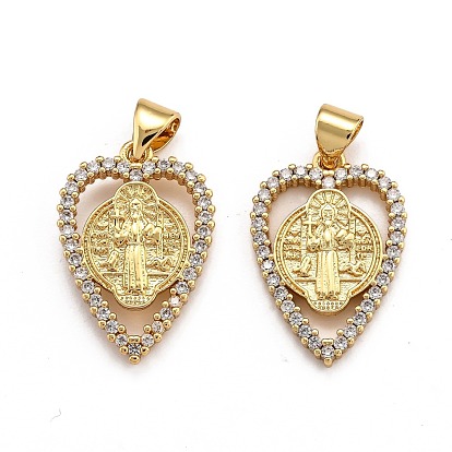 Brass Micro Pave Clear Cubic Zirconia Pendants, Long-Lasting Plated, Heart