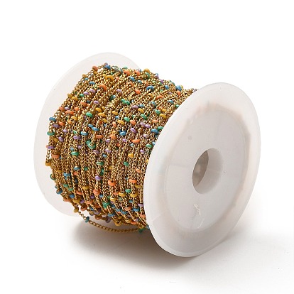 Handmade 304 Stainless Steel Curb Chains, with Colorful Enamel Beaded, Soldered, with Spool