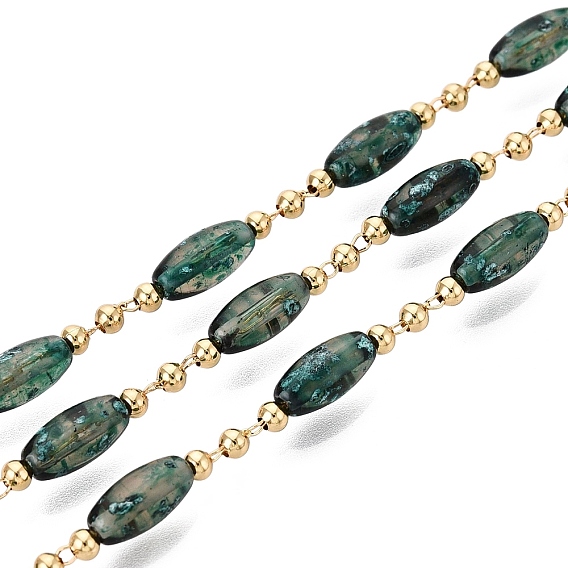 Handmade Brass & Glass Beaded Link Chains, Oval, Soldered, with Spool, Real 18K Gold Plated