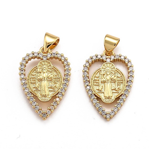Brass Micro Pave Clear Cubic Zirconia Pendants, Long-Lasting Plated, Heart