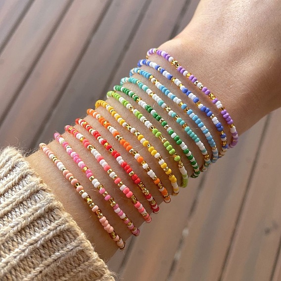 Boho Round Glass Seed Beaded Stretch Bracelets for Women