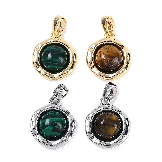 Плоские круглые подвески из натурального тигрового глаза/синтетического малахита, с латунной