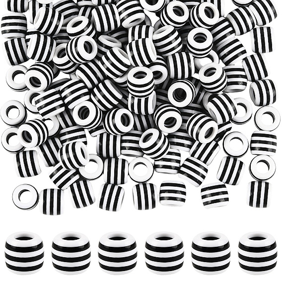 200шт. непрозрачные полосатые европейские бусины из смолы, бусины с большим отверстием, баррель, чёрные