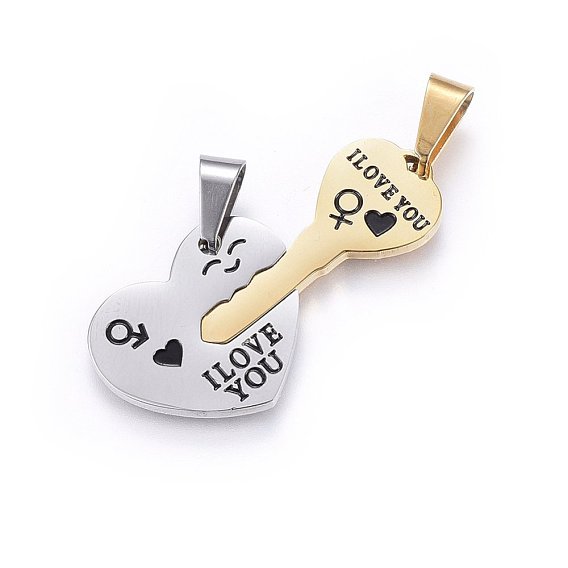 304 Stainless Steel Split Pendants, with Enamel, Heart with Key, with Word
