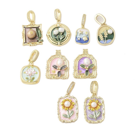 Латунь эмаль подвески, с натуральным пресноводным жемчугом и застежкой из латуни с микропаве из кубических цирконий, прямоугольник, овал и арка с цветочным шармом