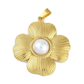 ABS Plastic Imitation Pearl Pendants, with Ion Plating(IP) 304 Stainless Steel Findings, Flower Charm