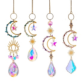 Larme de verre/prismes d'étoiles attrape-soleil ornements suspendus, avec perles de lune et pierres précieuses en acier inoxydable, Pour la maison, décoration de jardin