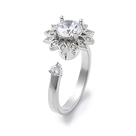 Вращающиеся открытые манжеты-кольца для женщин с изображением подсолнечника, латунные кольца-спиннеры с микро-паве и прозрачным кубическим цирконием