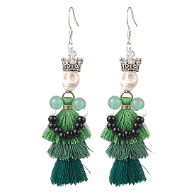 Dyed Synthetic Turquoise Tassel Pendants Earrings, with Glass Beads, Skull