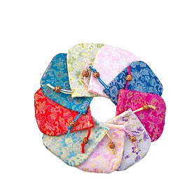 Pochettes d'emballage de bijoux en satin à motif de fleurs de style chinois, sacs-cadeaux à cordon, rectangle