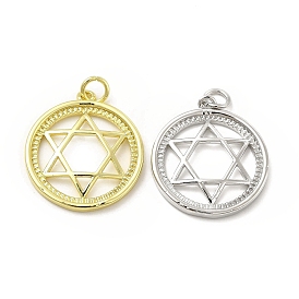Brass Micro Pave Cubic Zirconia Pendants, with Jump Ring, Flat Round with Star of David Charm