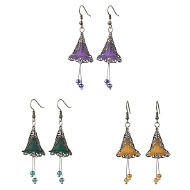 3 Pairs 3 Colors Glass & Acrylic Flower Dangle Earrings, Brass Long Drop Earrings