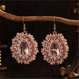 Богемные серьги-подвески ручной работы из стеклянного бисера., слеза, золотые