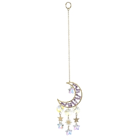Natural Amethyst Moon Pendant Decorations, Hanging Suncatchers, with Brass Findings and Glass Star Charm, for Home Decorations, Sun/Star