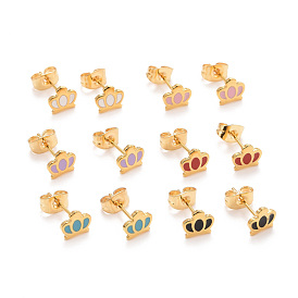 304 Stainless Steel Enamel Stud Earrings, with 316 Surgical Stainless Steel Pin, Golden, Crown