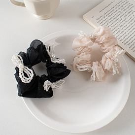 Black Polka Dot Mesh Pig Intestine Hair Tie with Pearl Butterfly Bow and Ruffled Headband Elastic Hair Accessories