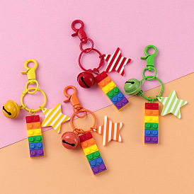 Pride Flag/Rainbow Flag Plastic Building Block Keychains, Bell Keychain, Striped Star Keychain with Lobster Claw Clasp