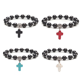 Dyed Synthetic Turquoise Cross Charm Bracelets, Natural Rosewood & Non-magnetic Synthetic Hematite Beaded Stretch Bracelet for Men Women