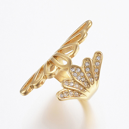 Ion Plating(IP) 304 Stainless Steel Rhinestone Finger Rings, Wide Band Rings, Hollow, Butterfly