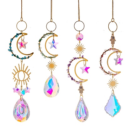 Glass Teardrop/Star Prisms Suncatchers Hanging Ornaments, with Stainless Steel Moon and Gemstone Beads, for Home, Garden Decoration